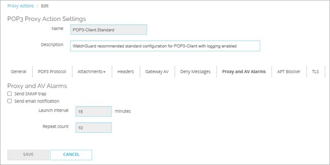 Screen shot of the Proxy and AV Alarms settings