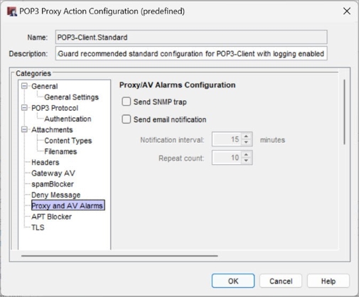 Screenshot of the Proxy and AV Alarms settings for a POP3 proxy action in Fireware Web UI