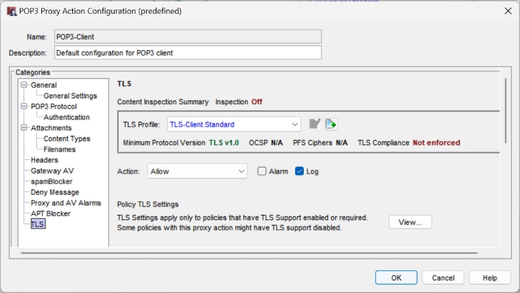 Screen shot of the TLS settings in an POP3 proxy action in Policy Manager