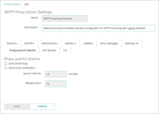 Screen shot of the Proxy and AV Alarms settings for an SMTP proxy action in Fireware Web UI