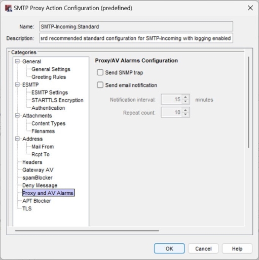 Screen shot of the Proxy and AV Alarms settings for an SMTP proxy action in Policy Manager