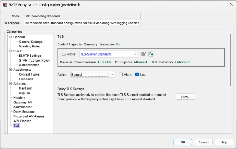 Screen shot of the TLS settings in an SMTP proxy action in Policy Manager