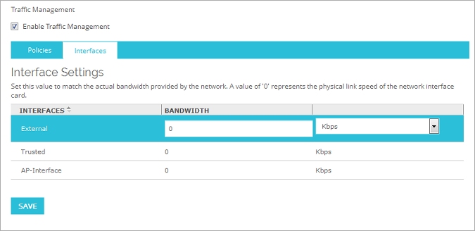 Screen shot of the Traffic Management page, Interfaces tab