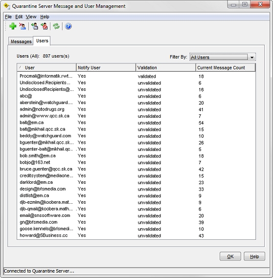 Screen shot of the Quarantine Server Message and User Management dialog box, Users tab