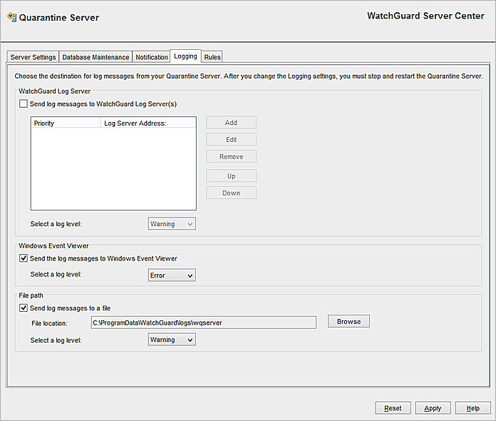 Screen shot of the Quarantine Server — Logging page