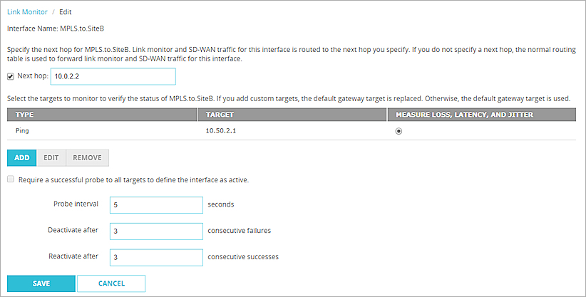 Screenshot of the Link Monitor settings for Site A