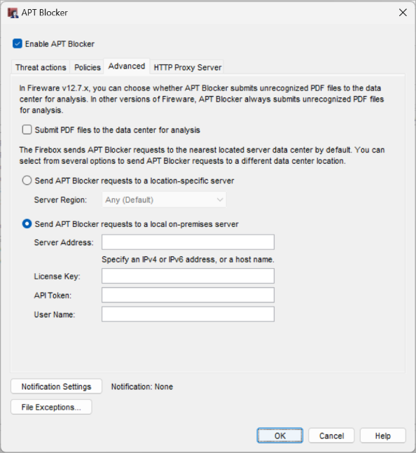 Screen shot of APT Blocker configuration - Advanced tab in Policy Manager