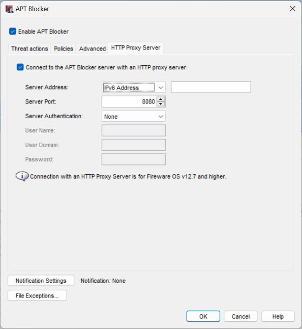 Screen shot of HTTP Proxy Server tab