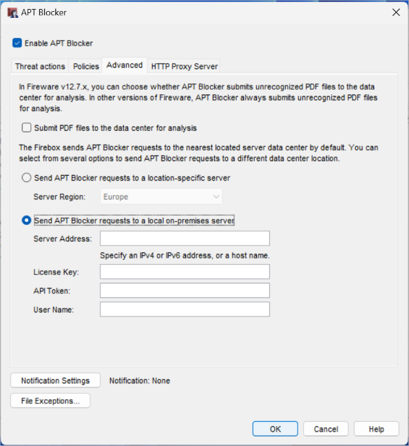 Screenshot of APT Blocker configuration page Advanced tab in Policy Manager