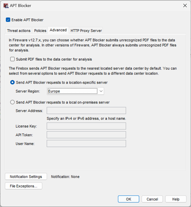 Screen shot of APT Blocker configuration - Advanced tab in Policy Manager