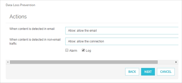 Screen shot of the Data Loss Prevention Wizard, Actions page