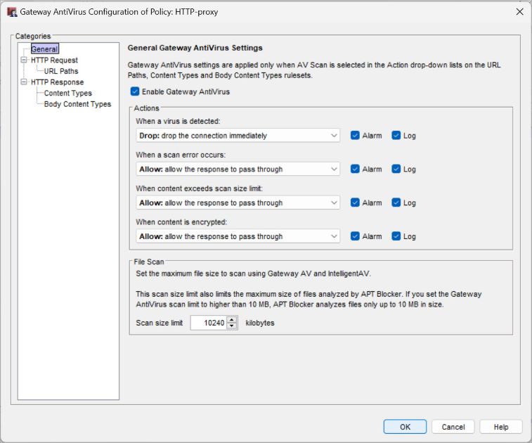 Screen shot of General Gateway AntiVirus Settings page