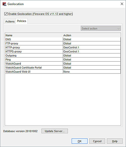 Screen shot of the Geolocation dialog box, Policies tab