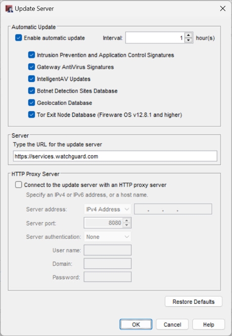 Screen shot of the Update Server dialog box