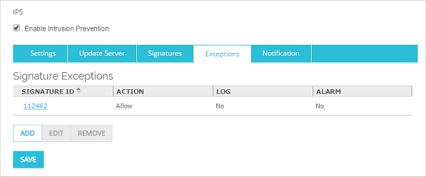 Screen shot of the IPS Exceptions tab