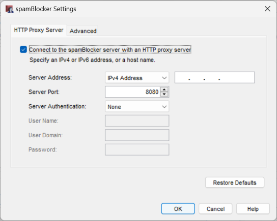 Screenshot of the spamBlocker settings dialog box, HTTP Proxy Server tab