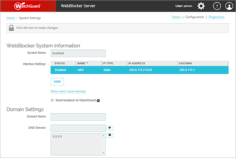 Screenshot of the System Settings page Configuration tab.