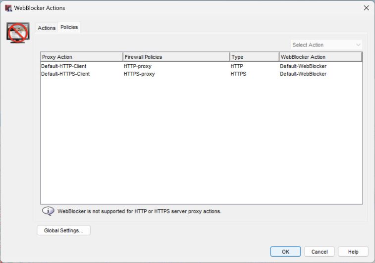 Screen shot of the WebBlocker Actions dialog box, Policies tab.