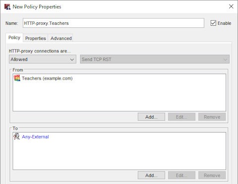 Screen shot of the New Policy Properties dialog box for the HTTP-proxy-Teachers policy