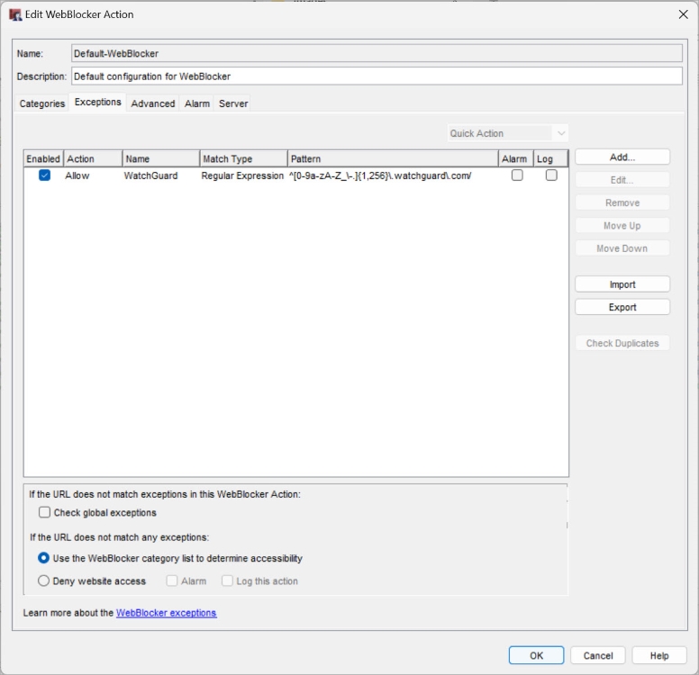 Screen shot of the WebBlockerAction Exceptions tab