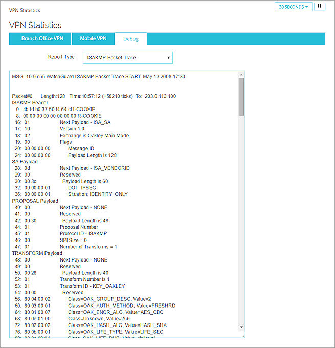 Screen shot of the VPN Statistics > Debug page with ISAKMP Packet Trace report results