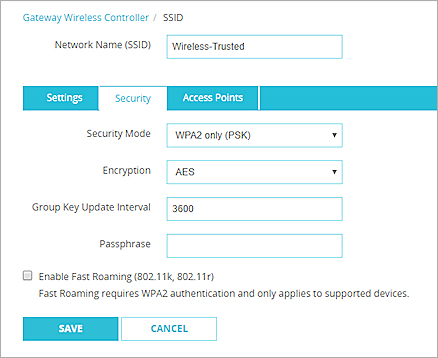 Screen shot of the SSID settings page - Security tab