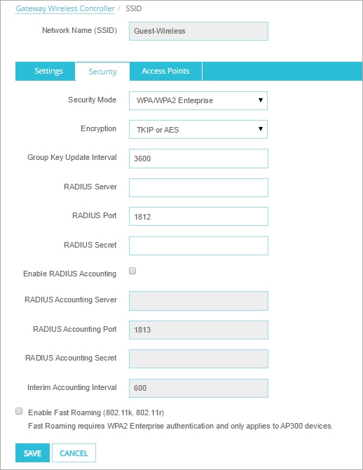 Screen shot of the SSID Security tab for WPA/WPA2 Enterprise security mode