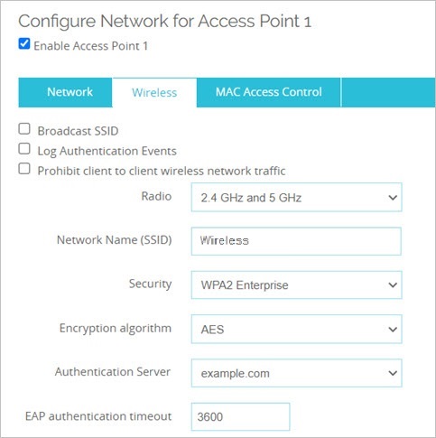 Screen shot of the Wireless tab Enterprise Authentication settings for dual radio Firebox