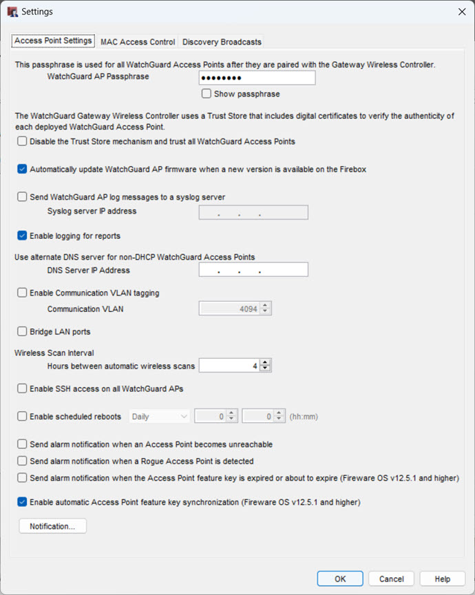 Screen shot of the Access Point Settings tab