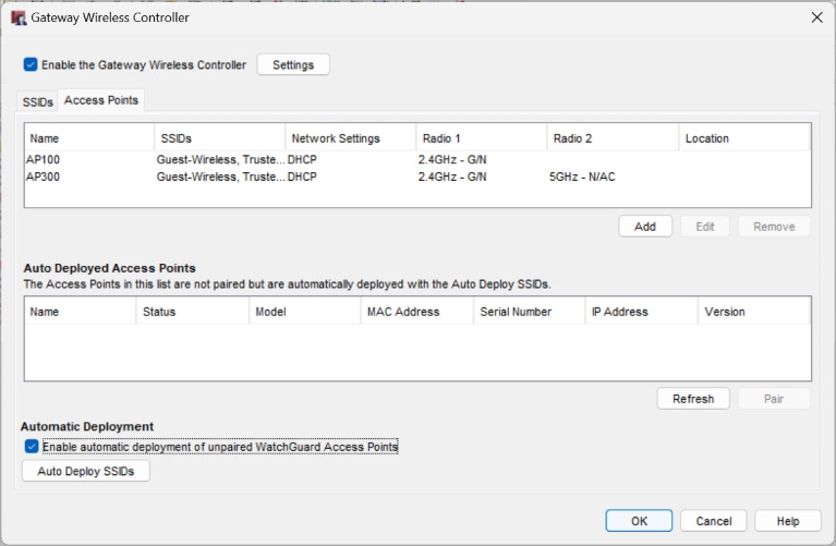 Screen shot of the Gateway Wireless Controller dialog box, with Automatic Deployment enabled