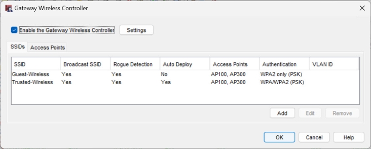 Screen shot of the SSIDs tab in the Gateway Wireless Controller dialog box