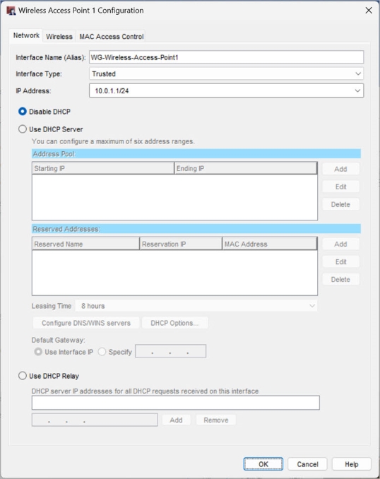 Screen shot of the Wireless Access Point Configuration dialog box