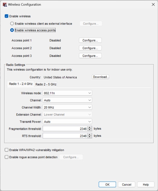 Screen shot of the Wireless Configuration dialog box