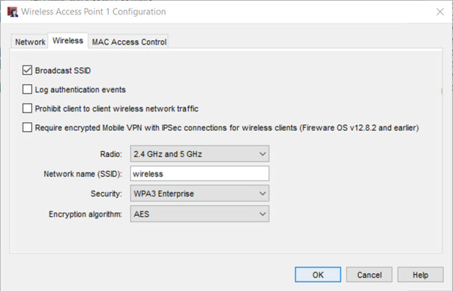 Screen shot of the Wireless tab Enterprise Authentication settings for Dual Radio Firebox