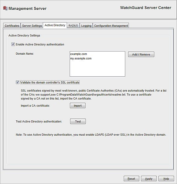 Screen shot of the Management Server Active Directory tab