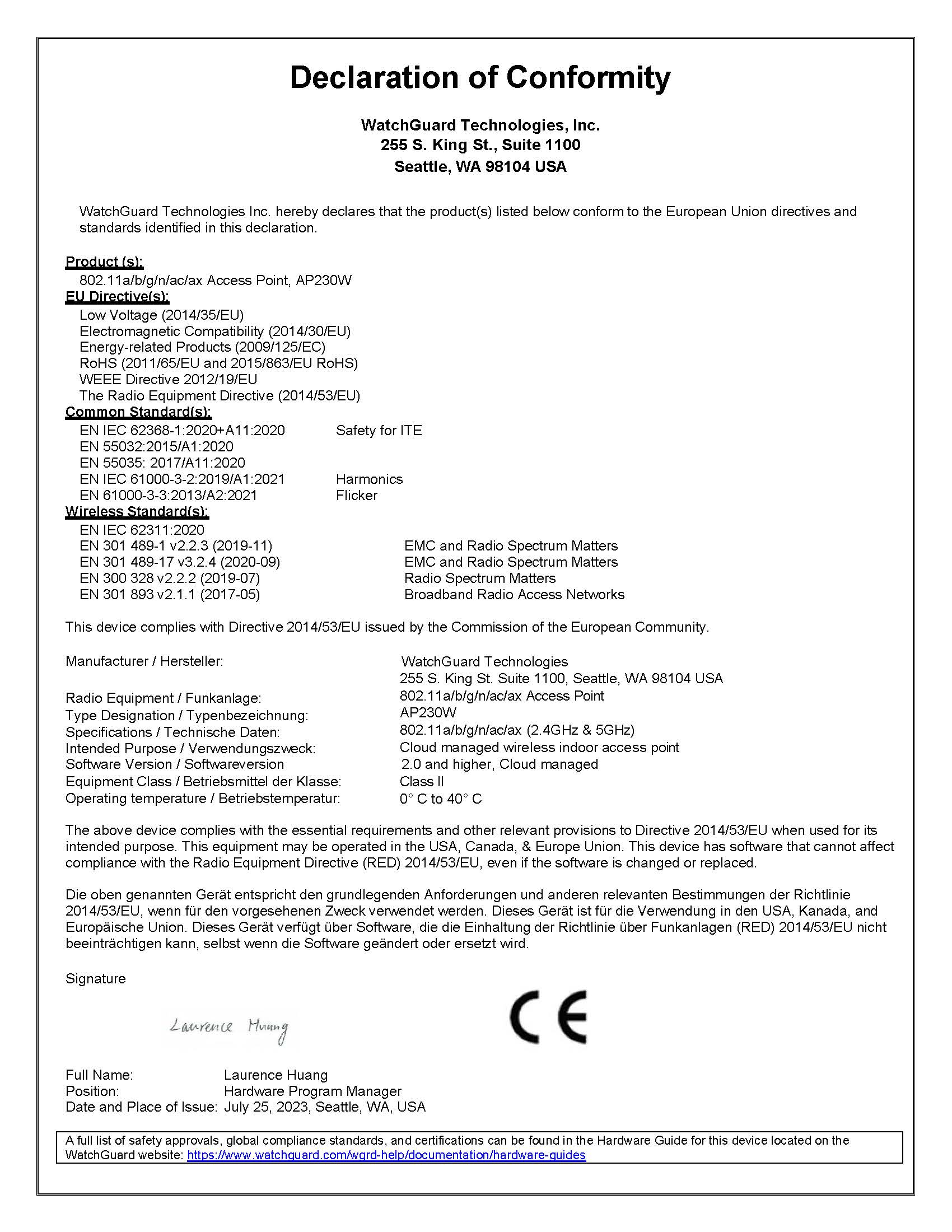 Declaration of Conformity for the AP230W