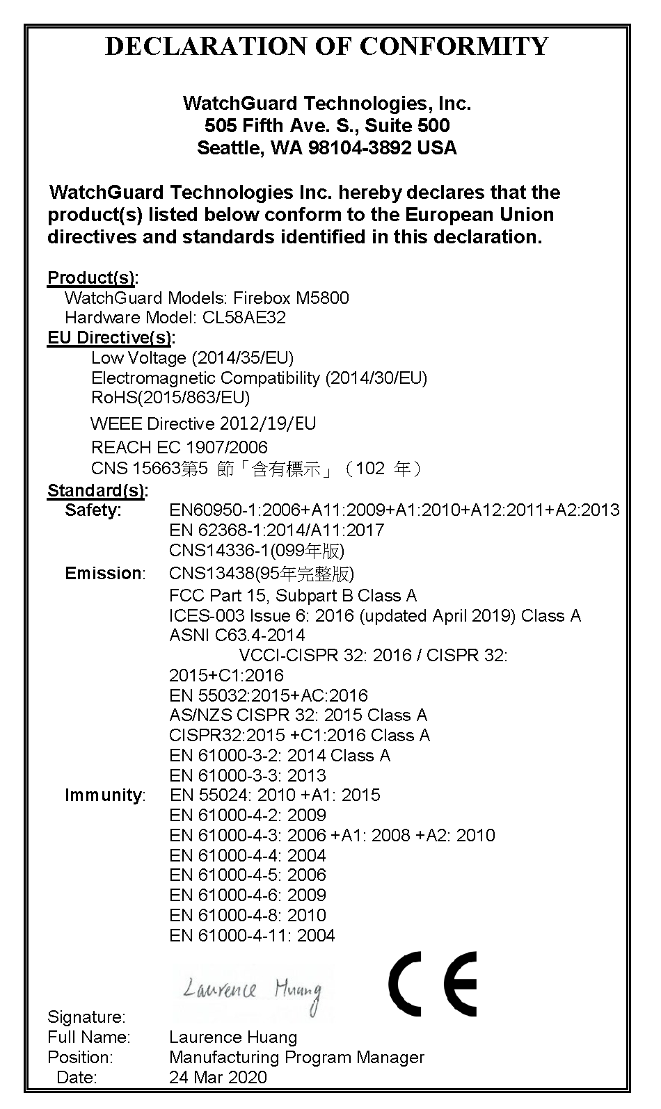 Declaration of Conformity for M5800