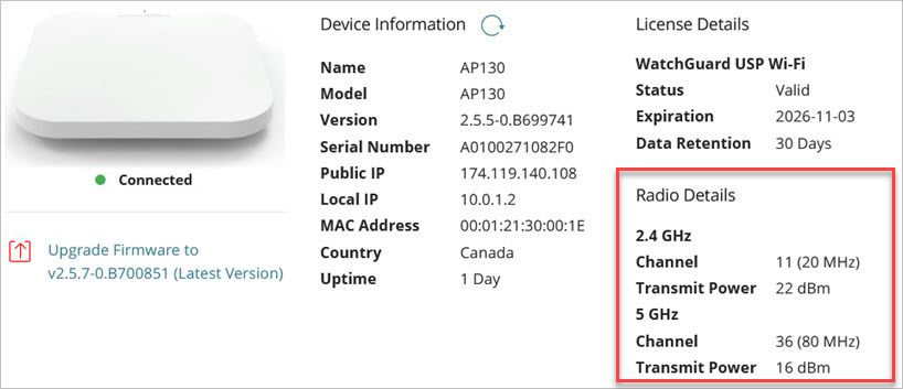 Screen shot of the Radio Details on the Device Settings page for an access point