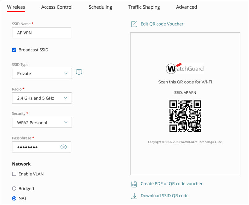 Screen shot of the SSID settings for an Access Point VPN