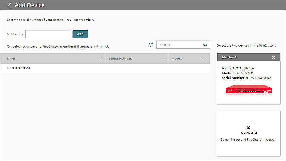 Screen shot of the Add Device page with one FireCluster member added