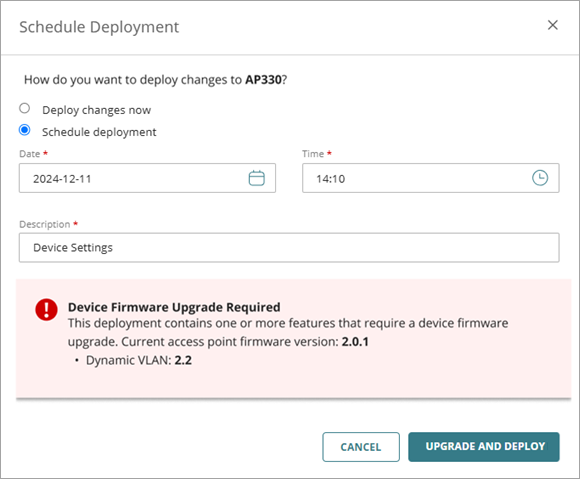 Screen shot of scheduled deployment and Access Point firmware check