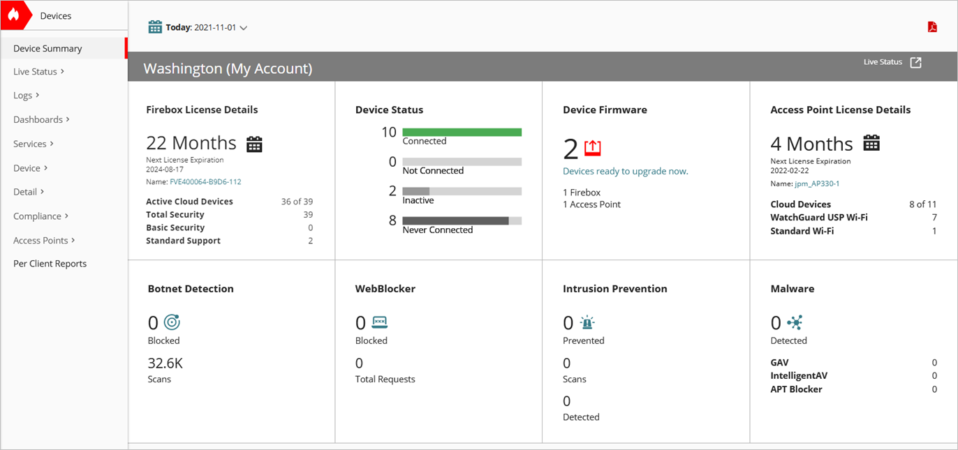 Screen shot of Device Summary page