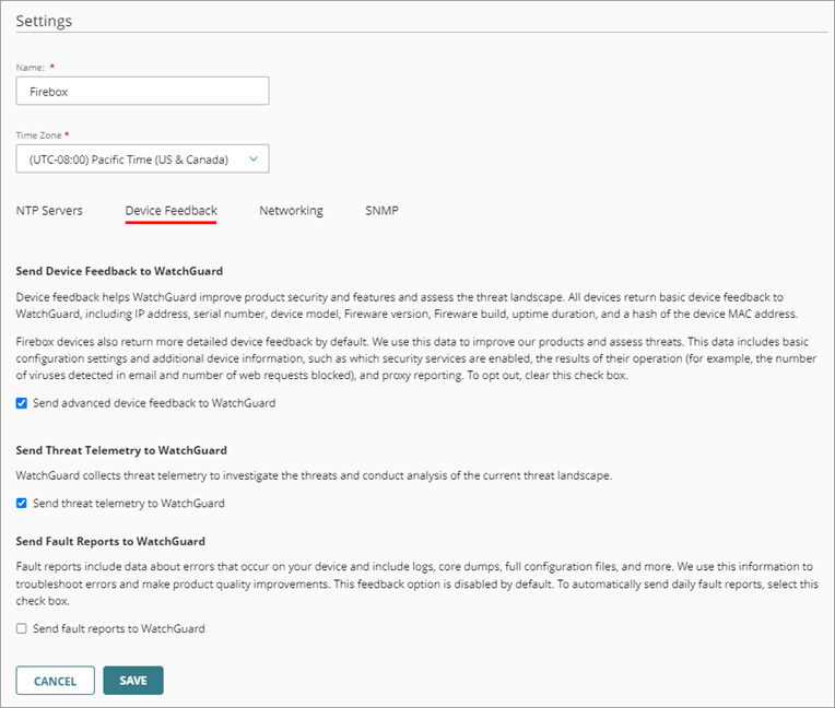 Screen shot of cloud-managed device configuration settings page, Device Feedback tab