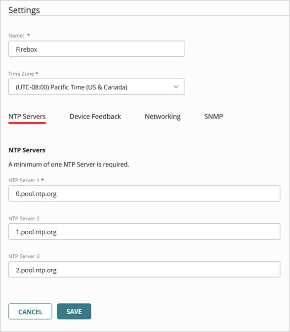 Screen shot of cloud-managed device configuration settings page, NTP Servers tab