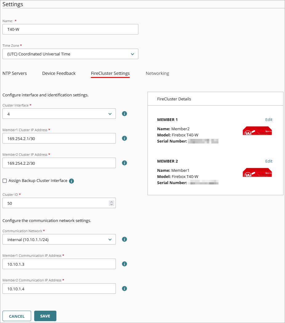 Screen shot of the FireCluster settings