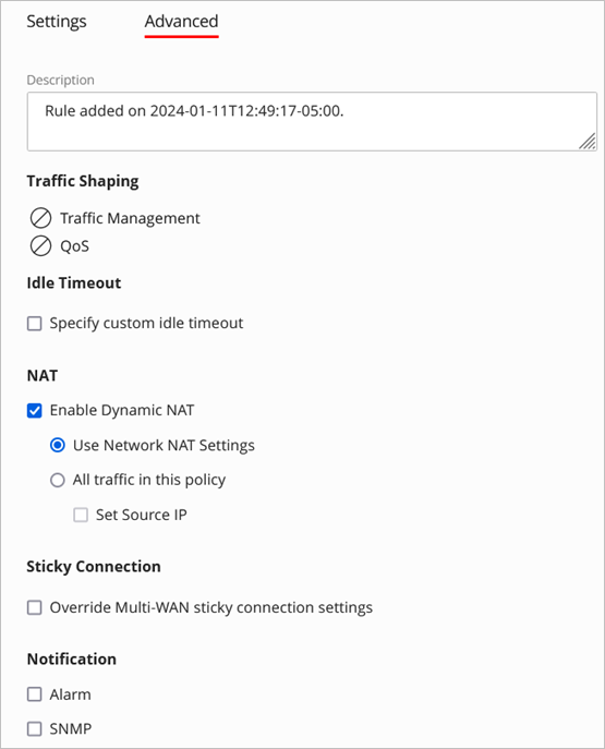 Screenshot of the Advanced settings of a Policy