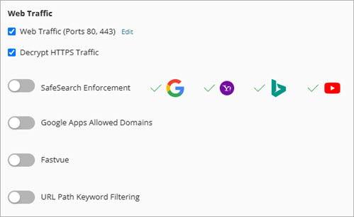 Screen shot of the Web Traffic and Traffic Types settings in an Outbound policy