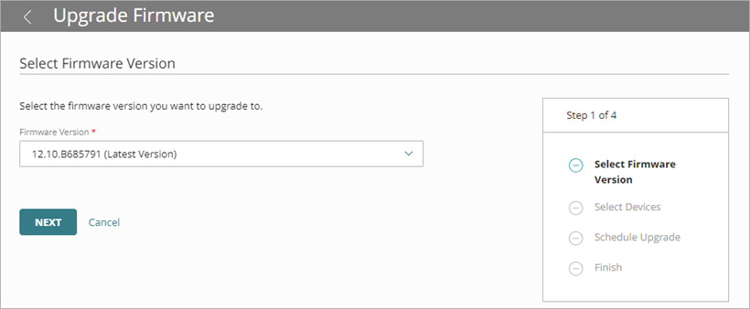 Screen shot of Upgrade Firmware wizard, Select Firmware Version