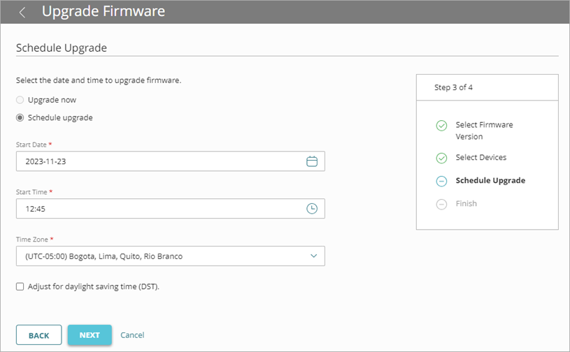 Screen shot of Upgrade Firmware wizard, Schedule Upgrade