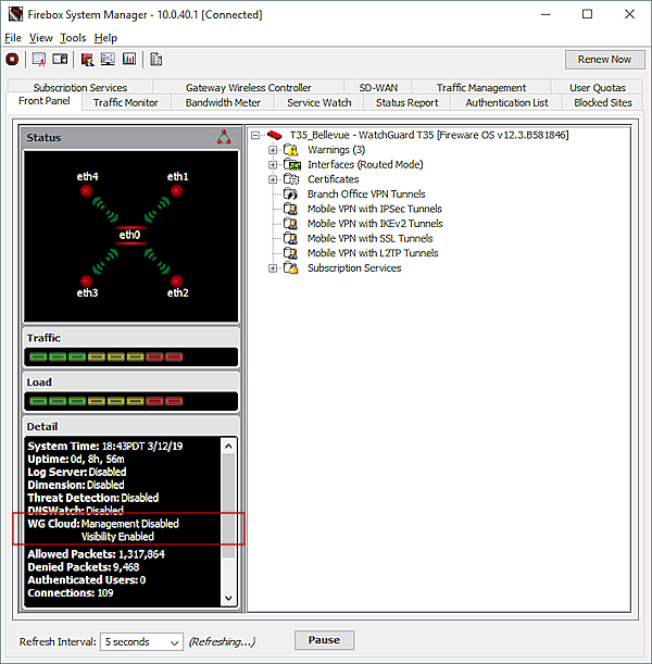 Screen shot of Firebox System Manager, Front Panel tab